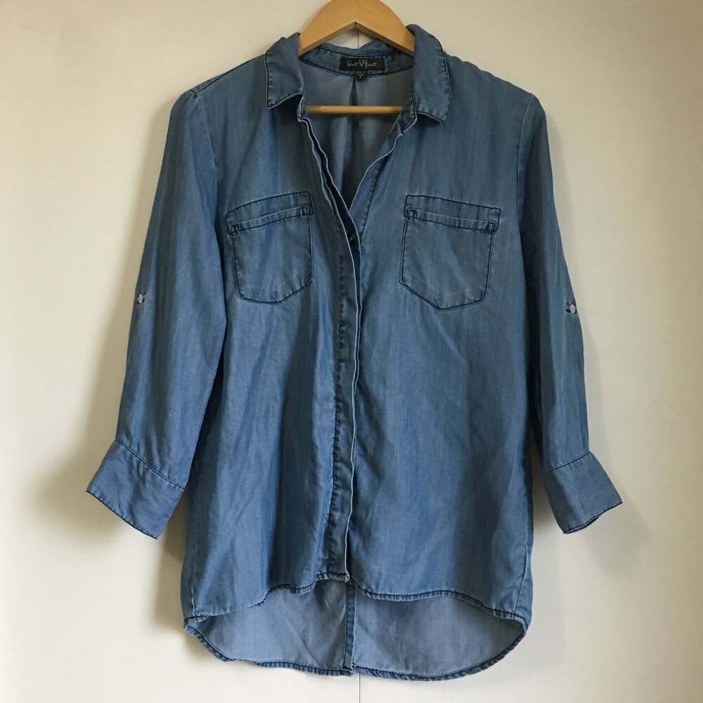 Velvet Heart Tencel Denim High Low Sparrow Tail Button Up Shirt S